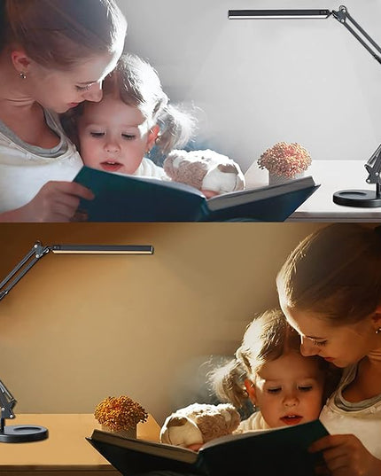 LED Desk Lamp with Clamp and Round Base,Eye Caring Table Lamp with Swing Arm,3 Color Modes 10 Brightness Levels,Memory Function, Desk Light for Home Office with USB Adapter Black-14W - LeafyLoom