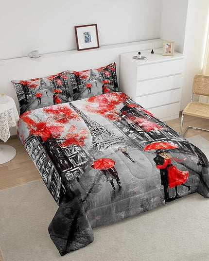 Eiffel Tower Comforter Set Full Size For Girls Women Romantic Paris Street Bedding Sweet Couple Lover Red Flowers Floral Quilted Duvet French Style Down Comforter Chic Paris Cityscape Comforter - LeafyLoom