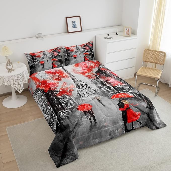 Eiffel Tower Comforter Set Full Size For Girls Women Romantic Paris Street Bedding Sweet Couple Lover Red Flowers Floral Quilted Duvet French Style Down Comforter Chic Paris Cityscape Comforter - LeafyLoom
