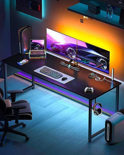 AODK 63 inch Small Computer Desk with Power Outlet for Small Spaces Home Office Student Laptop PC Writing Desks with Storage Bag Headphone Hook, Black - LeafyLoom