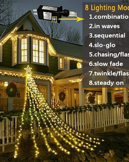 Christmas Lights Outdoor, Aokudoni 12.6ft 8-Lighting Modes Waterfall Lights for Christmas, Outdoor Christmas Decorations for Yard, Christmas Lights for Tree House Holiday Party, Warm White Aokudoni