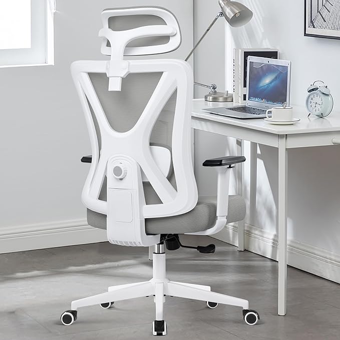 KERDOM Ergonomic Office Chair, Rolling Swivel Executive Desk Chair, Breathable Mesh Gaming Chair with Adjustable Headrest, 3D Armrest and Lumbar Support for Home Office LightGray - LeafyLoom