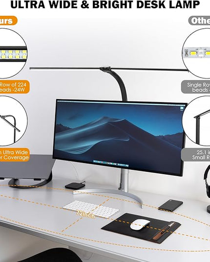 Led Desk Lamp for Office Home - 24W Double Head Architect Desk Light with Clamp & Timer, Eye Caring Folding Table Lamp Gaming Desktop Computer LED Lights Desk Supplies for Workbench Studing Drafting - LeafyLoom