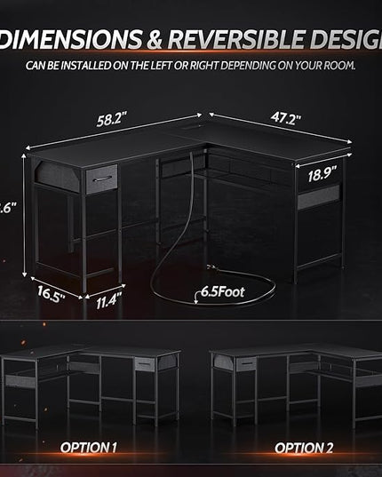 CubiCubi L Shaped Gaming Desk with Power Outlets and USB Charging Ports, 58" Reversible Corner Computer Desk with Storage Shelves and Drawer, Home Office Desk with Bookshlf, Black - LeafyLoom