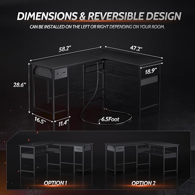 CubiCubi L Shaped Gaming Desk with Power Outlets and USB Charging Ports, 58" Reversible Corner Computer Desk with Storage Shelves and Drawer, Home Office Desk with Bookshlf, Black - LeafyLoom