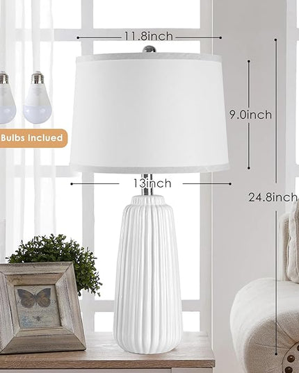 Ceramic Table Lamps Set of 2, 25Inch Modern White Table Lamps for Bedroom Living Room with 3 Color Temperature - 3000K/4000K/6000K, Coastal Lamps for Nightstand Bedside with 2 LED Bulbs, 9W - LeafyLoom