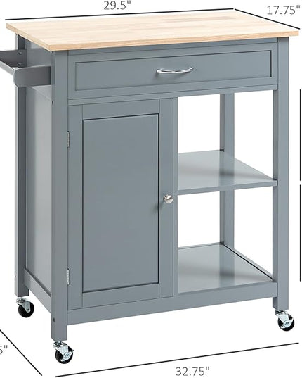 HOMCOM Kitchen Island Cart, Rolling Kitchen Island with Storage Shelf, Solid Wood Top, Drawer, for Dining Room, Gray - LeafyLoom