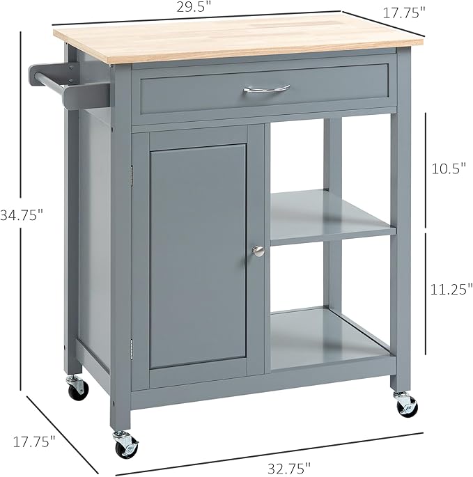 HOMCOM Kitchen Island Cart, Rolling Kitchen Island with Storage Shelf, Solid Wood Top, Drawer, for Dining Room, Gray - LeafyLoom