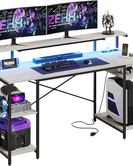 Bestier Computer Desk with Reversible Power Outlets, 55 inch LED Gaming Desk with Monitor Stand & Adjustable Shelves, Writing Desk with Cup Holder & Hook for Home Office, Retro Grey Oak-Light - LeafyLoom
