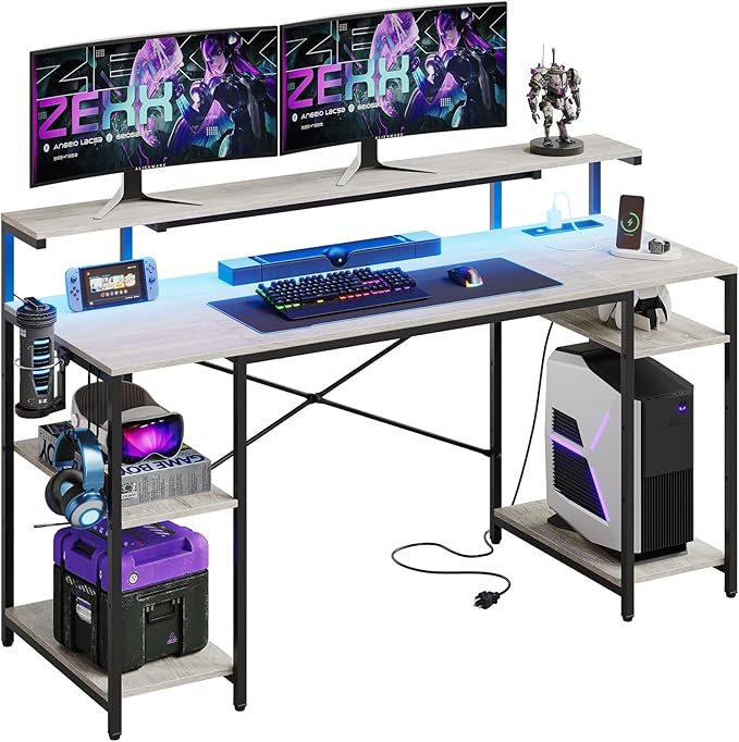 Bestier Computer Desk with Reversible Power Outlets, 55 inch LED Gaming Desk with Monitor Stand & Adjustable Shelves, Writing Desk with Cup Holder & Hook for Home Office, Retro Grey Oak-Light - LeafyLoom