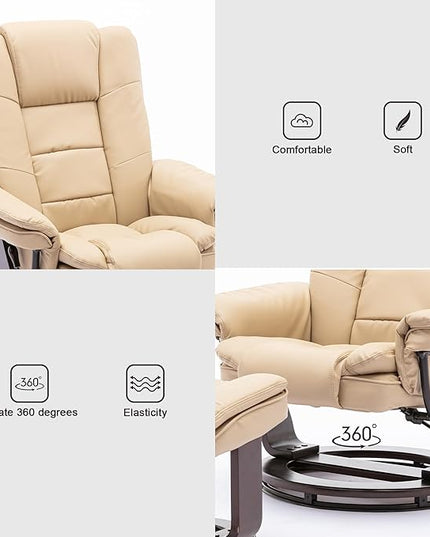 JC Home Swivel Ottoman Bonded Leather Recliner Chair and Foot Rest for Living Room, Home Theater, Man Cave, Bedroom-Round Mahogany Base-Modern, Contemporary Furniture, offwhite - LeafyLoom