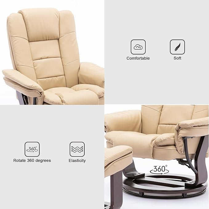 JC Home Swivel Ottoman Bonded Leather Recliner Chair and Foot Rest for Living Room, Home Theater, Man Cave, Bedroom-Round Mahogany Base-Modern, Contemporary Furniture, offwhite - LeafyLoom