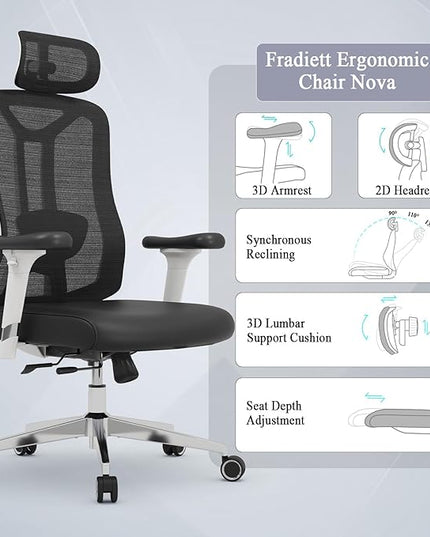 Ergonomic Office Chair with 3D PU Armrests, Home Office Chair with 3D Adjustable Lumbar Support, Adjustable Seat Depth Desk Chair, Swivel Big and Tall Computer Chair,Thick Seat Cushion - LeafyLoom