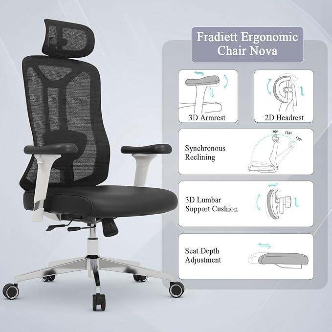 Ergonomic Office Chair with 3D PU Armrests, Home Office Chair with 3D Adjustable Lumbar Support, Adjustable Seat Depth Desk Chair, Swivel Big and Tall Computer Chair,Thick Seat Cushion - LeafyLoom