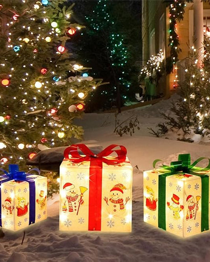 [Large 8.5"x7"x6" Christmas Set of 3 Lighted Gift Boxes Decorations Pre-lit 70 Super-Bright LED with Flashers,for Indoor Outdoor Christmas Tree Skirt Ornament Pathway Holiday Party Home GLOWNOVA