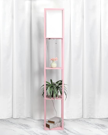 Simple Designs LF1014-LPK-LB Three Shelf Etagere Organizer Storage Floor Lamp with White Linen Shade for Living Room, Bedroom, Office, Hallway, Light Pink, with Feit LED Bulb Included - LeafyLoom