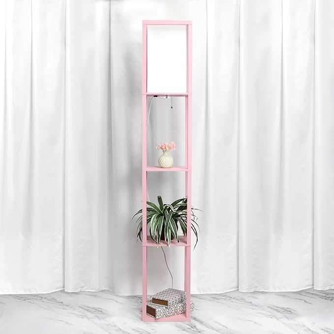 Simple Designs LF1014-LPK-LB Three Shelf Etagere Organizer Storage Floor Lamp with White Linen Shade for Living Room, Bedroom, Office, Hallway, Light Pink, with Feit LED Bulb Included - LeafyLoom