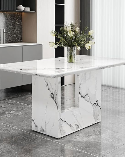 NicBex Simple Dining Table a White Marble Patterned Dining Table Suitable for Kitchen and Living Room, can Accommodate 4-6 People, White - LeafyLoom