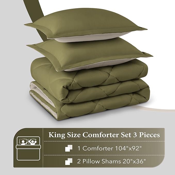 downluxe King Size Comforter Set - Lightweight Solid Down Alternative Reversible?3-Piece King Comforter Set with 2 Reversible Pillow Shams (Olive Green/Ivory) - LeafyLoom