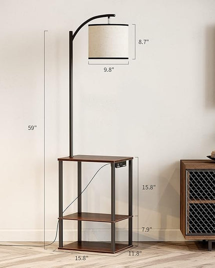 SUNMORY Floor Lamp with Charging Station(USB & AC Port), Rustic End Table Lamp with Shelves & 3-Color Temperature LED Bulb, Lamp Table for Living Room, Walnut - LeafyLoom