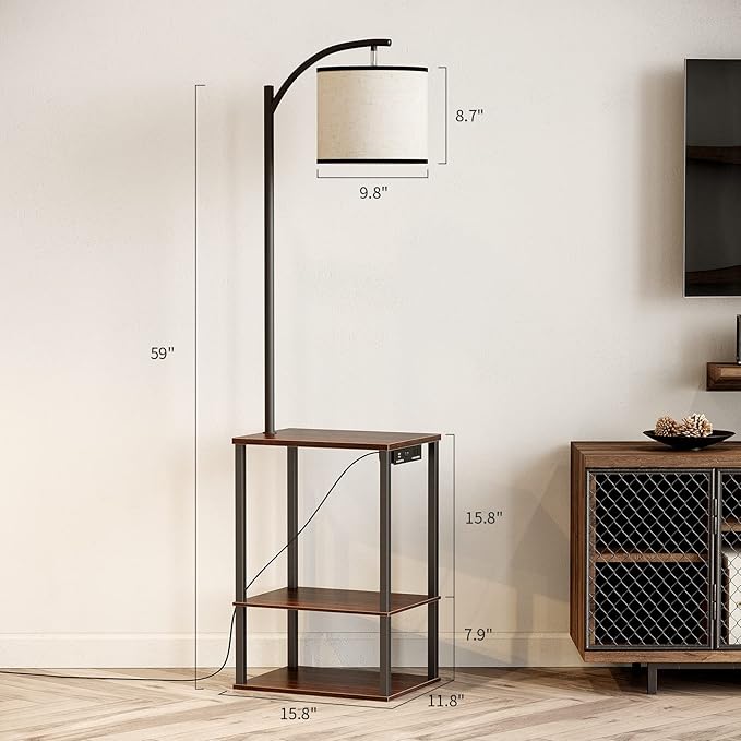 SUNMORY Floor Lamp with Charging Station(USB & AC Port), Rustic End Table Lamp with Shelves & 3-Color Temperature LED Bulb, Lamp Table for Living Room, Walnut - LeafyLoom