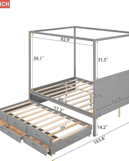 Queen Size Canopy Platform Bed with Twin Trundle and Three Storage Drawers, Wooden Daybed Frame Beds for Kids Teens Boys Girls,Gray - LeafyLoom