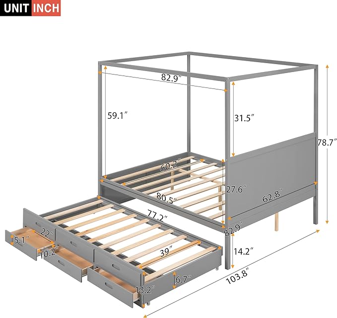 Queen Size Canopy Platform Bed with Twin Trundle and Three Storage Drawers, Wooden Daybed Frame Beds for Kids Teens Boys Girls,Gray - LeafyLoom