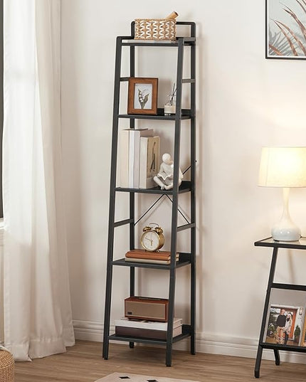 HOOBRO Bookcase, 5-Tier Narrow Bookshelf, Industrial Ladder Shelf, Skinny Bookshelf for Small Spaces, Corner Storage Shelf for Home Office, Living Room, Black BB35SJ01 - LeafyLoom