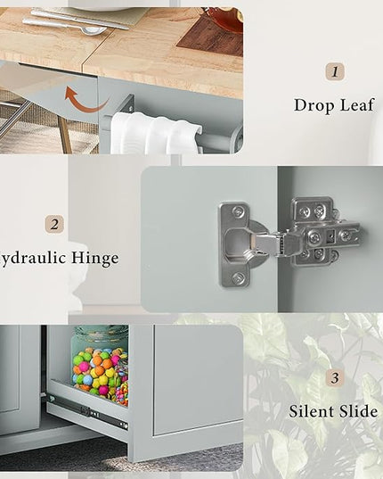 53.9" Drop Leaf, Rolling Island on Wheels w/Drawer and 3-Tier Pull Out Cabinet Organizer, Kitchen Storage Cart with Spice, Towel Rack, Grey Blue, 53.94 Inch - LeafyLoom