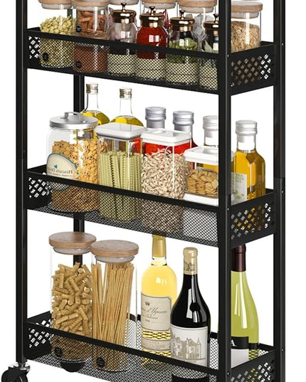 Slim Storage Cart 4 Tier Narrow Kitchen Rolling Cart on Wheels for Small Space, Mobile Utility Cart Shelving Unit with Wooden Top and Metal Handle for Kitchen, Bathroom, Laundry Room - LeafyLoom