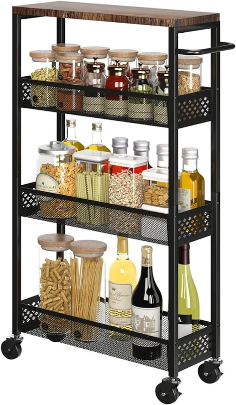 Slim Storage Cart 4 Tier Narrow Kitchen Rolling Cart on Wheels for Small Space, Mobile Utility Cart Shelving Unit with Wooden Top and Metal Handle for Kitchen, Bathroom, Laundry Room - LeafyLoom