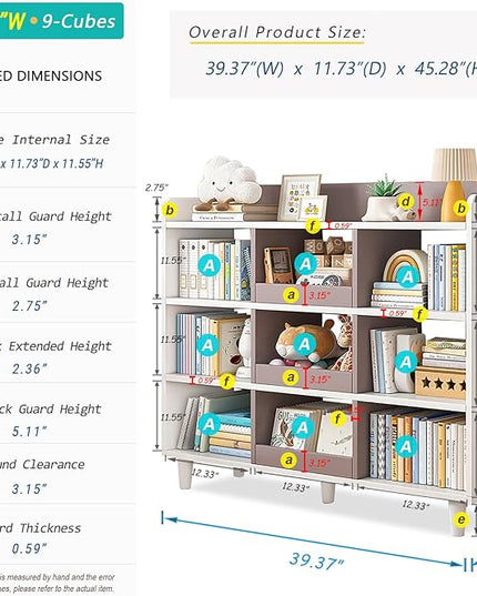 Wooden Cube Bookcase with Legs - 3-Tier Open Shelf Kidsroom Cabinet Organizer Sorted Storage for Toys and Books, 9-Cube Lattice Cute Cubby Bookshelf, White Mixed Mocha Brown, 39" W - LeafyLoom