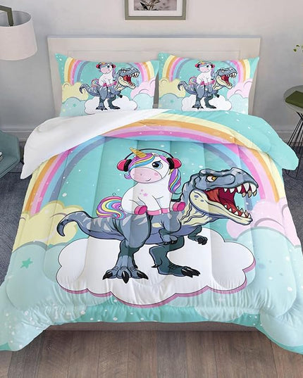 Unicorn Comforter Set 3Pcs Cartoon Dinosaur Kids Bedding Set Rainbow Cloudy Star Bed Set with 1 Comforter and 2 Pillowcases - LeafyLoom