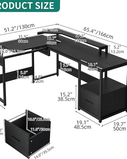 YITAHOME L Shaped Desk with Lift Top, 65" Adjustable Standing Desk with File Drawer, Corner Computer Desk with Storage Shelves,Home Office Desk, Black - LeafyLoom
