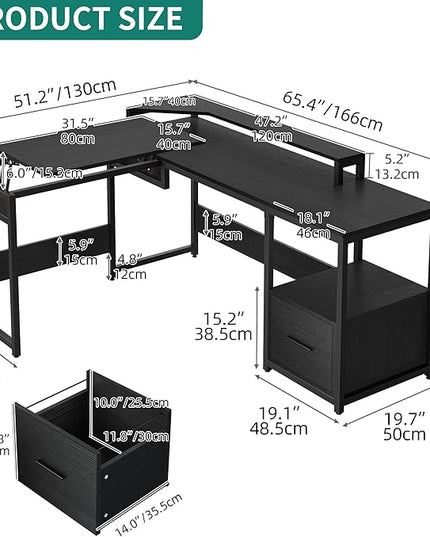 YITAHOME L Shaped Desk with File Drawer, 65" Large Computer Desk Corner Desk with Lift Top, Standing Desk Height Adjustable with Monitor Stand & Storage Shelves for Home Office, Black - LeafyLoom