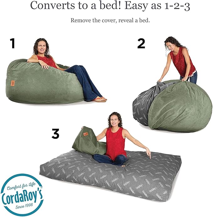 CordaRoy's Chenille Bean Bag Chair, Convertible Chair Folds from Bean Bag to Lounger, As Seen on Shark Tank, Moss - King Size - LeafyLoom
