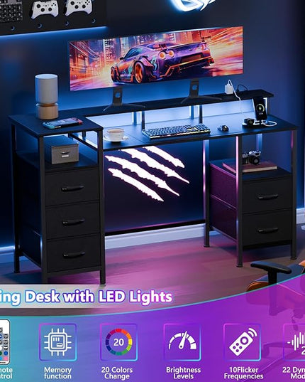 Computer Desk with Power Outlets & LED Lights, Gaming Desk with 5 Fabric Drawers for Bedroom, 47 Inch Home Office Desk with Monitor Stand & Storage Shelves for Working, Black - LeafyLoom
