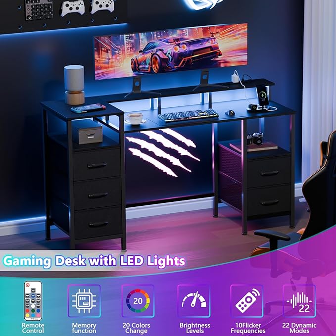 Computer Desk with Power Outlets & LED Lights, Gaming Desk with 5 Fabric Drawers for Bedroom, 47 Inch Home Office Desk with Monitor Stand & Storage Shelves for Working, Black - LeafyLoom