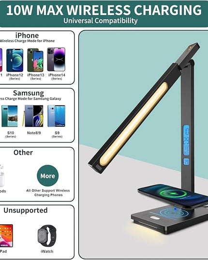10 in 1 Smart Desk Lamp, Desk Table Lamp for Office, Eye-Caring Office Lamp with Night Light, Lamp for Desk with 10W Wireless Charger, Dimmable Touch Lamp for Home College Dorm Reading Study Work Room - LeafyLoom
