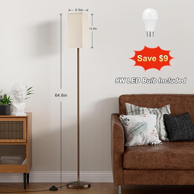 Ambimall Remote Control Floor Lamp, Stepless Dimmable, 64 Inches Tall, Include 9W Bulb, Standing Lamp for Living Room Bedroom Office (Beige & Brown) - LeafyLoom