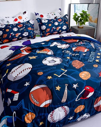 Wajade Sports Comforter Set Bed in A Bag Twin Size 7 Piece 3D Soccer Basketball Baseball Football Bedding Set for Kids Boys (1 Comforter, 1 Flat Sheet, 1 Fitted Sheet, 2 Pillowcase and 2 Pillow Sham) - LeafyLoom