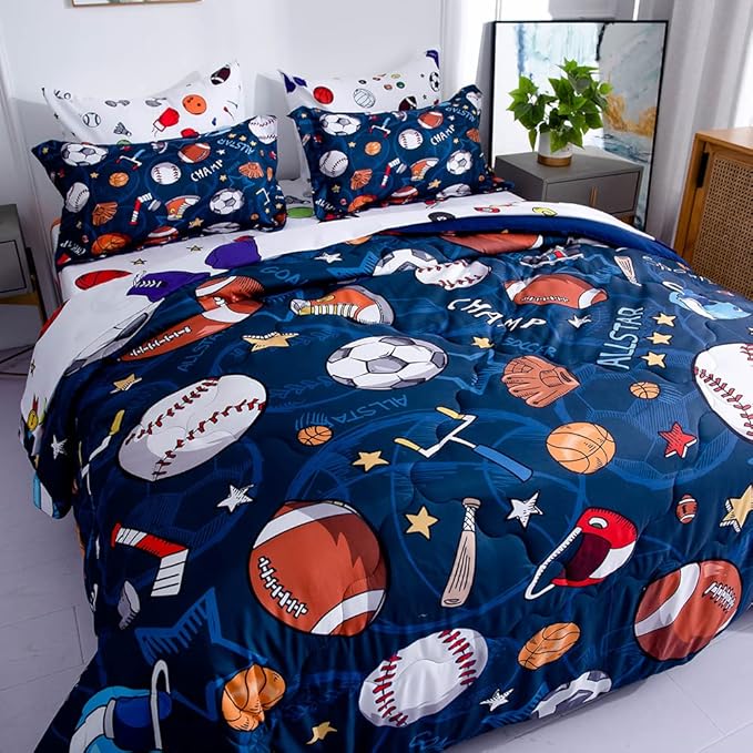 Wajade Sports Comforter Set Bed in A Bag Twin Size 7 Piece 3D Soccer Basketball Baseball Football Bedding Set for Kids Boys (1 Comforter, 1 Flat Sheet, 1 Fitted Sheet, 2 Pillowcase and 2 Pillow Sham) - LeafyLoom