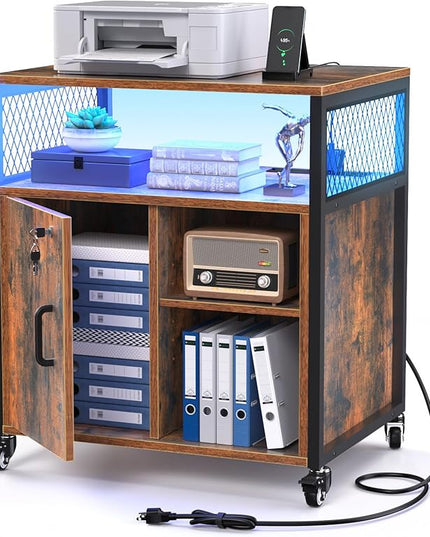 LED Rolling Wheels Filing Cabinet with Lock, File Cabinets with Charging Station, Printer Stand with Storage for Office Home, A4 Letter Size File Folders - LeafyLoom
