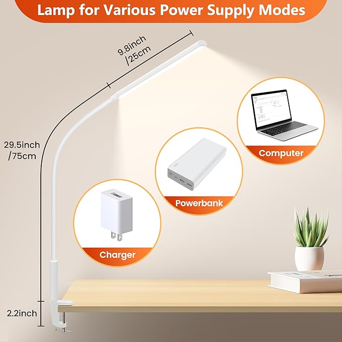 Desk Lamp with Clamp, Stepless Dimming Desk Lamps for Home Office Adjustable Desk Light Eye Caring Desk Lamp Office Lamp with USB Adapter for Working Drawing Sewing (White) - LeafyLoom
