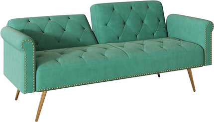 Button Tufted Upholstered Convertible Folding Sleeper Sofa Bed Futon Loveseat Couch Recliner Daybed with Adjustable and Nailhead Trim for Living Room, Bedroom, Green 69.7" - LeafyLoom