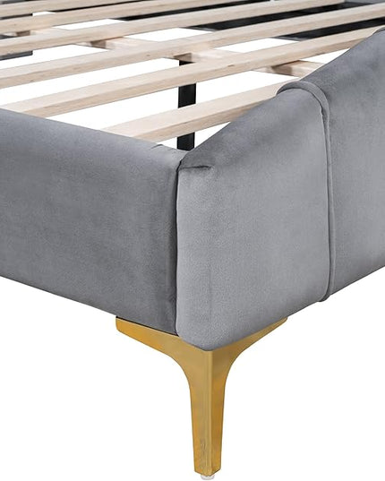 RITSU Queen Size Velvet Platform Bed with Thick Fabric, Solid Wood Bedframe Stylish Stripe Decorated Bedboard and Golden Metal Beds Leg, for BedRoom, Children's bedroom, Gray - LeafyLoom