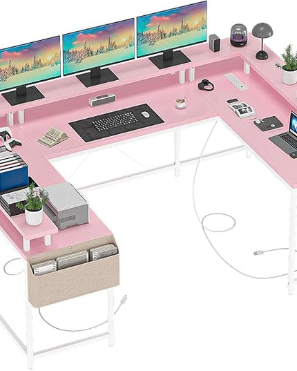 U Shaped Computer Gaming Desk, Reversible L Shaped Desk with Power Outlets, LED Strip & Monitor Stand, Large Corner Desk with Storage Shelves for Home Office,Deep Pink - LeafyLoom