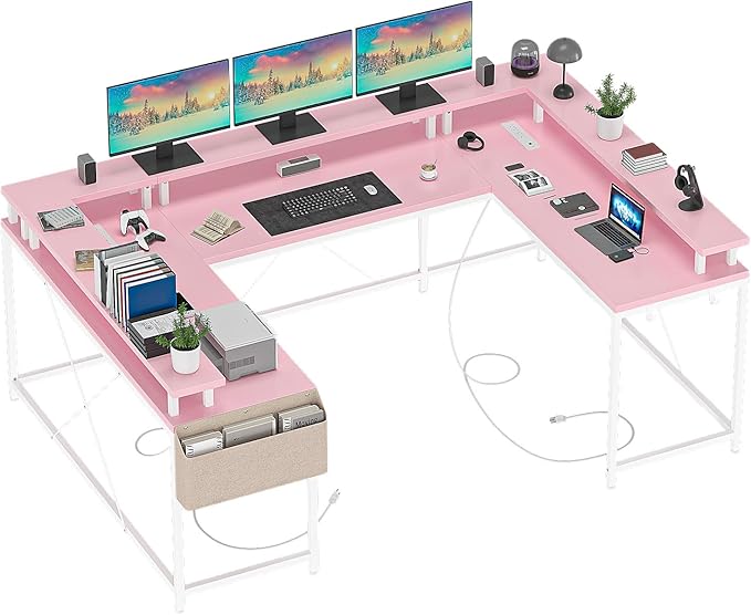 U Shaped Computer Gaming Desk, Reversible L Shaped Desk with Power Outlets, LED Strip & Monitor Stand, Large Corner Desk with Storage Shelves for Home Office,Deep Pink - LeafyLoom