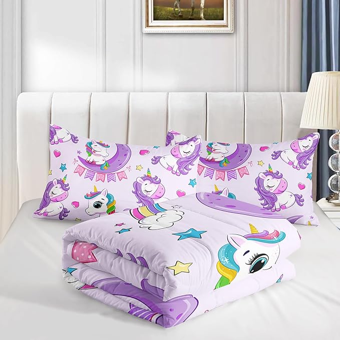 Axolotl Purple Unicorn Comforter Set Queen Size,Girls Bedding Set,Cute Unicorn Rainbow Bedding Set with Stars for Kids Girls Teens Adults Women,1 Comforter with 2 Pillowcase Unicorn Gifts for Girls - LeafyLoom