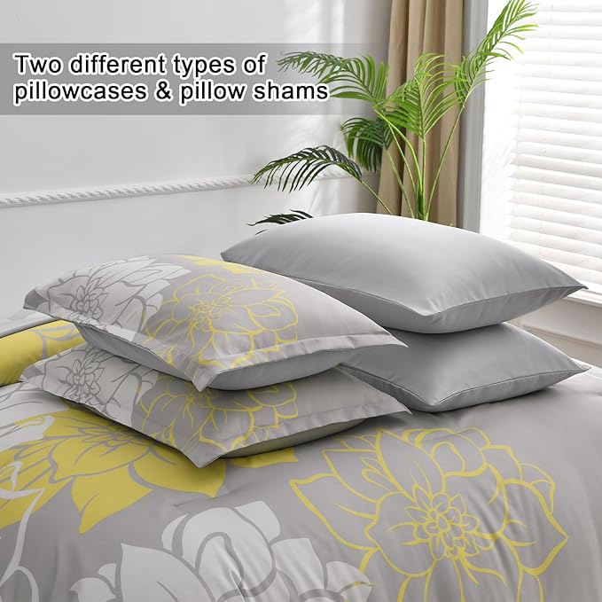 Yellow Comforter Set King 7 Piece Bed in a Bag Yellow Floral Comforter with Sheet Set Soft Micorfiber Reversible Bedding Set (1 Comforter,2 Pillow Shams,1 Flat Sheet,1 Fitted Sheet,2 Pillowcases) - LeafyLoom